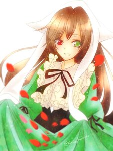 Rating: Safe Score: 0 Tags: 1girl brown_hair dress flower frills green_dress green_eyes heterochromia image long_hair long_sleeves looking_at_viewer petals red_eyes smile solo suiseiseki very_long_hair white_background User: admin