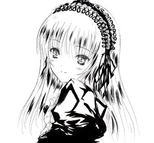 Rating: Safe Score: 0 Tags: 1girl blush closed_mouth eyebrows_visible_through_hair greyscale hairband image long_hair looking_at_viewer monochrome simple_background smile solo suigintou white_background User: admin