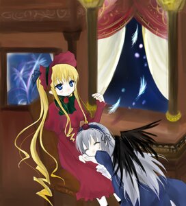 Rating: Safe Score: 0 Tags: 2girls black_wings blonde_hair blue_eyes blush bonnet curtains dress image indoors long_hair long_sleeves multiple_girls pair red_dress shinku silver_hair sitting sleeping suigintou very_long_hair window wings User: admin