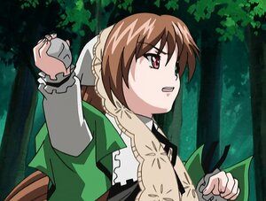 Rating: Safe Score: 0 Tags: 1girl apron braid brown_hair dress forest green_dress holding image long_sleeves maid nature open_mouth outdoors profile solo suiseiseki tree upper_body User: admin