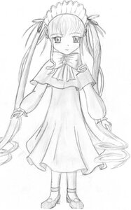 Rating: Safe Score: 0 Tags: 1girl brooch dress full_body greyscale image long_hair long_sleeves looking_at_viewer monochrome shinku shoes simple_background solo standing striped twintails very_long_hair white_background User: admin