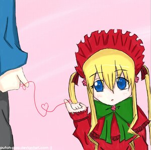 Rating: Safe Score: 0 Tags: 1girl blonde_hair blue_eyes blush bonnet bow bowtie capelet dress gradient_background green_bow green_neckwear heart image long_hair long_sleeves pink_background red_dress shinku sidelocks solo solo_focus watermark User: admin