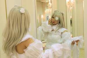 Rating: Safe Score: 0 Tags: 1girl blonde_hair dress flower hair_ornament kirakishou lips long_hair mirror reflection solo white_dress User: admin