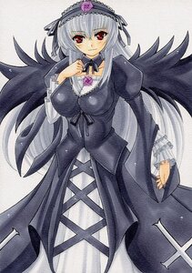 Rating: Safe Score: 0 Tags: 1girl black_wings blush breasts colored_pencil_(medium) dress flower frilled_sleeves frills hairband image juliet_sleeves large_breasts long_hair long_sleeves looking_at_viewer marker_(medium) red_eyes rose silver_hair smile solo suigintou traditional_media wings User: admin