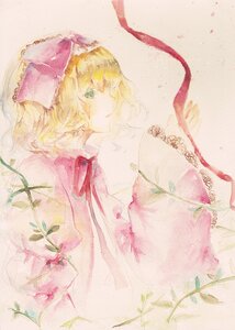 Rating: Safe Score: 0 Tags: 1girl blonde_hair bow flower hinaichigo image ribbon short_hair solo traditional_media upper_body watercolor_(medium) User: admin