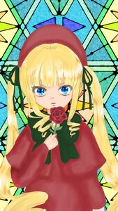 Rating: Safe Score: 0 Tags: 1girl bangs blonde_hair blue_eyes bow bowtie capelet dress flower green_bow hat image long_hair long_sleeves looking_at_viewer red_capelet red_dress rose shinku sidelocks solo twintails very_long_hair User: admin