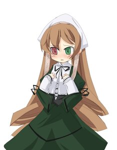 Rating: Safe Score: 0 Tags: 1girl black_ribbon blush brown_hair dress flat_chest frills green_dress green_eyes head_scarf heterochromia image long_hair long_sleeves looking_at_viewer open_mouth red_eyes ribbon simple_background solo suiseiseki very_long_hair white_background User: admin