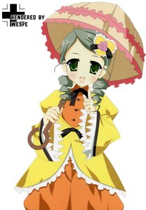 Rating: Safe Score: 0 Tags: 1girl auto_tagged blush dress drill_hair frills green_eyes green_hair holding holding_umbrella image kanaria long_sleeves open_mouth parasol smile solo twin_drills umbrella white_background User: admin