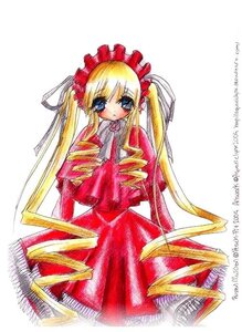 Rating: Safe Score: 0 Tags: 1girl blonde_hair blue_eyes blush bonnet bow dress drill_hair frills image long_hair long_sleeves looking_at_viewer pink_rose red_dress rose shinku simple_background solo traditional_media twin_drills twintails white_background User: admin