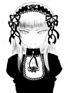 Rating: Safe Score: 0 Tags: 1girl bangs closed_mouth greyscale hairband image long_hair looking_at_viewer monochrome ribbon simple_background solo suigintou upper_body white_background User: admin