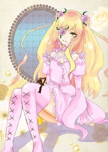 Rating: Safe Score: 0 Tags: 1girl blonde_hair dress eyepatch flower frills hair_flower hair_ornament image kirakishou long_hair pink_flower pink_legwear pink_rose rose sitting smile solo striped thighhighs thorns vertical_stripes yellow_eyes User: admin