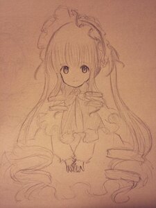 Rating: Safe Score: 0 Tags: 1girl bangs brown_background capelet closed_mouth dress eyebrows_visible_through_hair frills image long_hair long_sleeves looking_at_viewer monochrome shinku smile solo traditional_media very_long_hair User: admin