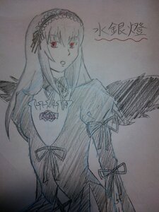 Rating: Safe Score: 0 Tags: 1girl black_wings dress flower frills hairband image long_hair long_sleeves looking_at_viewer monochrome photo red_eyes rose solo suigintou traditional_media wings User: admin