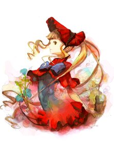 Rating: Safe Score: 0 Tags: 1girl blonde_hair bonnet bow dress drill_hair flower frills image long_hair long_sleeves red_dress rose shinku simple_background solo twintails very_long_hair User: admin