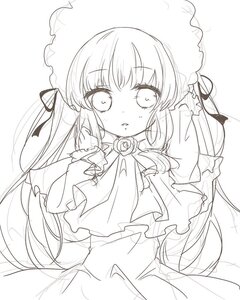 Rating: Safe Score: 0 Tags: 1girl bangs blush bonnet dress eyebrows_visible_through_hair flower frills hat image long_hair long_sleeves looking_at_viewer monochrome ribbon rose shinku solo twintails very_long_hair white_background User: admin