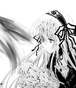 Rating: Safe Score: 0 Tags: 1girl blush dress frills greyscale hair_ribbon image long_hair long_sleeves monochrome ribbon shinku simple_background solo suigintou upper_body User: admin