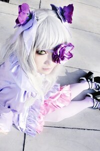 Rating: Safe Score: 0 Tags: 1girl barasuishou dress eyepatch flower frills gothic_lolita hair_flower hair_ornament lips lolita_fashion long_hair photo purple_flower silver_hair solo white_hair User: admin