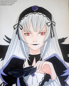 Rating: Safe Score: 0 Tags: 1girl black_dress black_flower black_ribbon black_wings dress flower frilled_sleeves frills hairband image long_hair long_sleeves looking_at_viewer marker_(medium) purple_rose red_eyes rose smile solo suigintou traditional_media upper_body wings User: admin