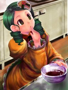 Rating: Safe Score: 0 Tags: 1girl bowl chocolate cup drill_hair finger_licking finger_to_mouth food green_eyes green_hair image indoors kanaria kitchen long_sleeves solo steam table twin_drills User: admin