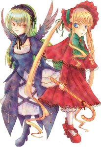 Rating: Safe Score: 0 Tags: 2girls blonde_hair blue_eyes bonnet dress frills full_body green_bow green_neckwear hairband holding image long_hair long_sleeves looking_at_viewer multiple_girls pair red_dress red_eyes shinku simple_background standing suigintou white_background wings User: admin