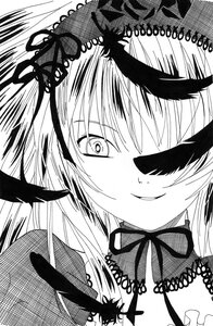 Rating: Safe Score: 0 Tags: 1girl feathers greyscale image long_hair looking_at_viewer monochrome neck_ribbon ribbon smile solo suigintou User: admin