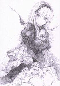 Rating: Safe Score: 0 Tags: 1girl breasts dress frills gothic_lolita greyscale hairband image lolita_hairband long_hair long_sleeves looking_at_viewer monochrome solo suigintou traditional_media User: admin