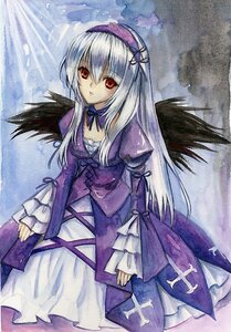 Rating: Safe Score: 0 Tags: 1girl black_wings cross-laced_clothes detached_collar dress frills hairband image long_hair long_sleeves looking_at_viewer puffy_sleeves red_eyes ribbon silver_hair solo suigintou traditional_media wings User: admin