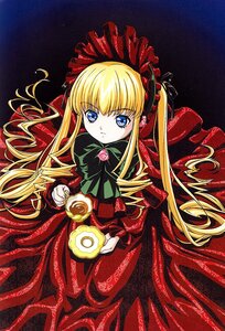 Rating: Safe Score: 0 Tags: 1girl blonde_hair blue_eyes bonnet bow bowtie cup dress flower green_bow green_neckwear holding_cup image long_hair long_sleeves looking_at_viewer red_capelet red_dress rose shinku sitting solo teacup very_long_hair User: admin