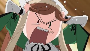 Rating: Safe Score: 0 Tags: 1girl >_< angry brown_hair dress fangs green_dress image long_hair long_sleeves open_mouth ribbon solo suiseiseki teeth User: admin