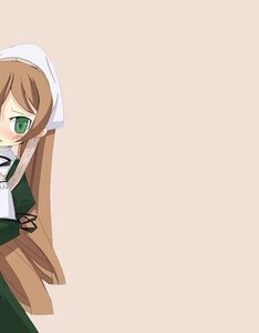 Rating: Safe Score: 0 Tags: 1girl apron blush brown_hair dress green_dress green_eyes head_scarf image long_hair long_sleeves simple_background solo suiseiseki very_long_hair User: admin