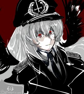 Rating: Safe Score: 0 Tags: 1girl black_wings closed_mouth feathered_wings hat image limited_palette long_hair looking_at_viewer military military_hat military_uniform monochrome peaked_cap smile solo spot_color suigintou uniform wings User: admin