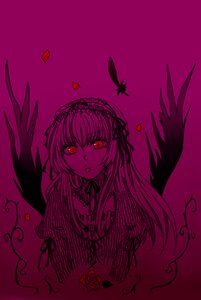 Rating: Safe Score: 0 Tags: 1girl black_wings dress feathered_wings feathers flower frills hairband image long_hair long_sleeves looking_at_viewer monochrome petals red_eyes ribbon rose simple_background solo suigintou upper_body wings User: admin