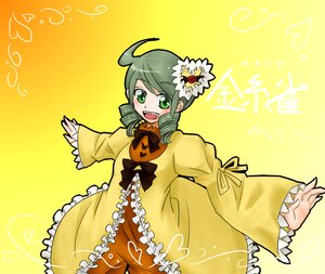 Rating: Safe Score: 0 Tags: 1girl ahoge bow dress drill_hair flower frills green_eyes green_hair hair_ornament heart image kanaria long_sleeves open_mouth outstretched_arms simple_background smile solo spread_arms twin_drills yellow_background yellow_dress User: admin