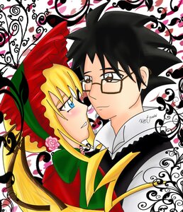 Rating: Safe Score: 0 Tags: 1boy 1girl auto_tagged black_hair blonde_hair blue_eyes bonnet glasses image long_hair looking_at_another rose shinku smile solo User: admin