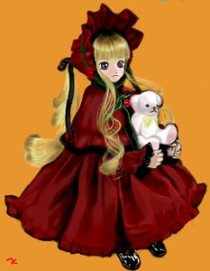 Rating: Safe Score: 0 Tags: 1girl black_footwear blonde_hair blue_eyes bonnet boots bow capelet dress full_body image long_hair long_sleeves looking_at_viewer orange_background red_capelet red_dress shinku simple_background solo standing twintails very_long_hair User: admin