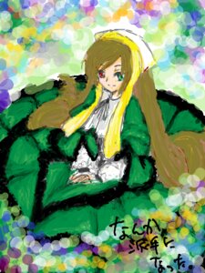 Rating: Safe Score: 0 Tags: 1girl bangs blonde_hair dress flower frills green_dress heterochromia image long_hair long_sleeves looking_at_viewer red_eyes sitting smile solo suiseiseki very_long_hair User: admin