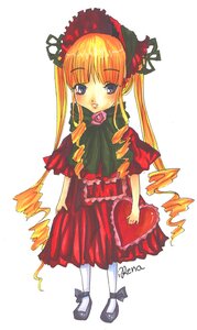 Rating: Safe Score: 0 Tags: 1girl black_footwear blonde_hair blue_eyes blush bonnet bow bowtie capelet dress drill_hair full_body image long_hair looking_at_viewer red_dress rose shinku shoes simple_background solo standing twin_drills twintails white_background white_legwear User: admin