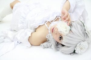 Rating: Safe Score: 0 Tags: 1girl bare_shoulders dress flower grey_eyes hair_flower hair_ornament kirakishou lips looking_at_viewer lying solo vertical_stripes white_flower white_hair white_rose white_theme User: admin