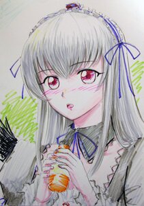 Rating: Safe Score: 0 Tags: 1girl blush frills hairband image long_hair looking_at_viewer ribbon simple_background solo suigintou traditional_media upper_body User: admin