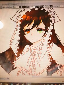 Rating: Safe Score: 0 Tags: 1girl artist_name brown_hair closed_mouth dress frills green_eyes image long_hair looking_at_viewer photo solo suiseiseki traditional_media upper_body User: admin