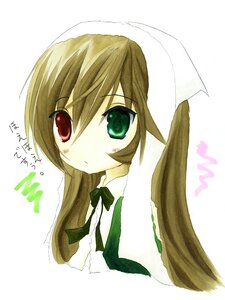 Rating: Safe Score: 0 Tags: 1girl bangs blush brown_hair dress eyebrows_visible_through_hair green_dress green_eyes hat head_scarf heterochromia image long_hair long_sleeves looking_at_viewer red_eyes ribbon simple_background solo suiseiseki upper_body white_background User: admin