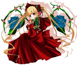 Rating: Safe Score: 0 Tags: 1girl blonde_hair blue_eyes blush bow bowtie capelet dress flower full_body green_bow image long_hair long_sleeves looking_at_viewer pink_rose red_dress red_flower red_rose rose shinku solo twintails User: admin