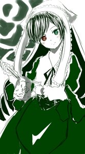 Rating: Safe Score: 0 Tags: 1girl bangs dress frills green_eyes green_theme heterochromia holding image long_hair long_sleeves looking_at_viewer monochrome red_eyes ribbon simple_background solo spot_color suiseiseki User: admin