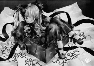 Rating: Safe Score: 0 Tags: 1girl dress drill_hair flower graphite_(medium) greyscale high_heels image long_hair long_sleeves looking_at_viewer lying monochrome ribbon rose shinku shoes solo traditional_media twintails User: admin