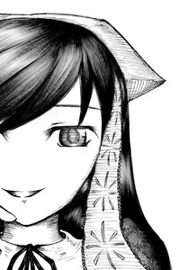 Rating: Safe Score: 0 Tags: 1girl close-up greyscale image looking_at_viewer monochrome ribbon simple_background smile solo suiseiseki white_background User: admin