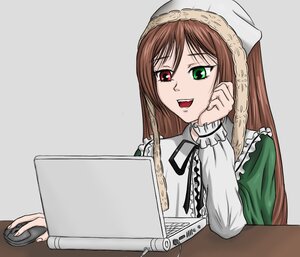 Rating: Safe Score: 0 Tags: 1girl brown_hair dress food frills green_dress green_eyes head_scarf heterochromia image long_hair long_sleeves open_mouth red_eyes simple_background smile solo suiseiseki User: admin