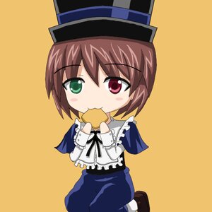 Rating: Safe Score: 0 Tags: 1girl brown_hair cape capelet chibi eating food frills full_body hat heterochromia image long_sleeves orange_background shoes short_hair solo souseiseki User: admin