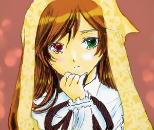 Rating: Safe Score: 0 Tags: 1girl bangs blush brown_hair closed_mouth dress expressionless green_eyes head_scarf image long_sleeves looking_at_viewer red_eyes simple_background solo suiseiseki upper_body veil User: admin