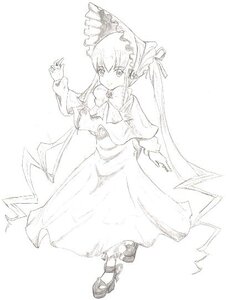 Rating: Safe Score: 0 Tags: 1girl blush capelet dress eyebrows_visible_through_hair full_body greyscale image long_hair long_sleeves looking_at_viewer monochrome shinku simple_background solo standing striped twintails vertical_stripes very_long_hair white_background User: admin