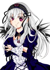 Rating: Safe Score: 0 Tags: 1girl :t black_ribbon dress flower frilled_sleeves frills gothic_lolita hairband image juliet_sleeves lolita_fashion lolita_hairband long_hair long_sleeves looking_at_viewer pout puffy_sleeves ribbon rose silver_hair solo suigintou white_background User: admin